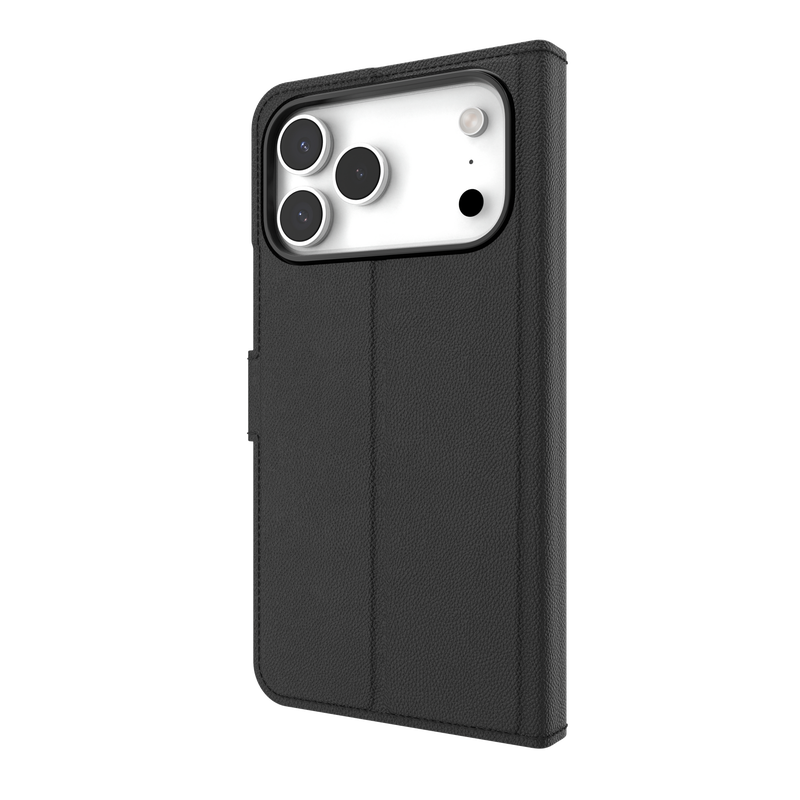 ZAGG IF Defence Folio for iPhone 17 Pro Max, Black, takapuoli viistossa oikealta, kuoressa vaalea iPhone 17 Pro Max