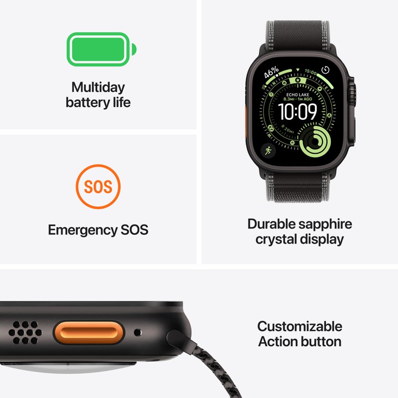 Apple Watch Ultra 3 GPS + Cellular 49mm Black Titanium Case with Black/Charcoal Trail Loop - S/M