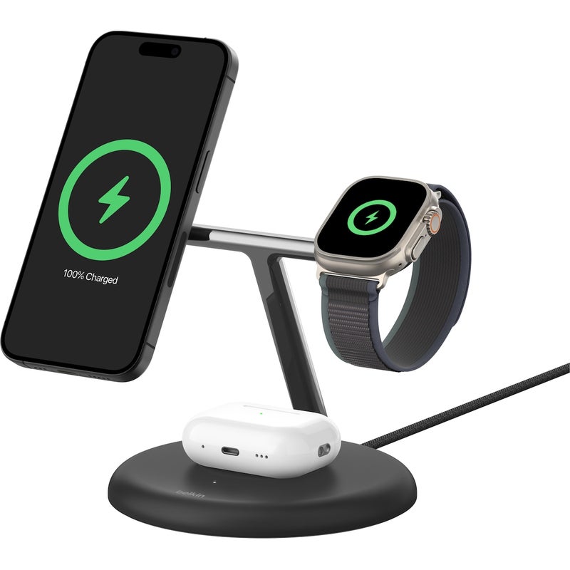 Belkin BoostCharge Pro 3in1 Qi2 15w Magnetic Adjustable Charging Stand, w/PSU, Black